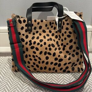 The little Bear Bag - Leopard Spots - Green & Red Stripe Web Strap